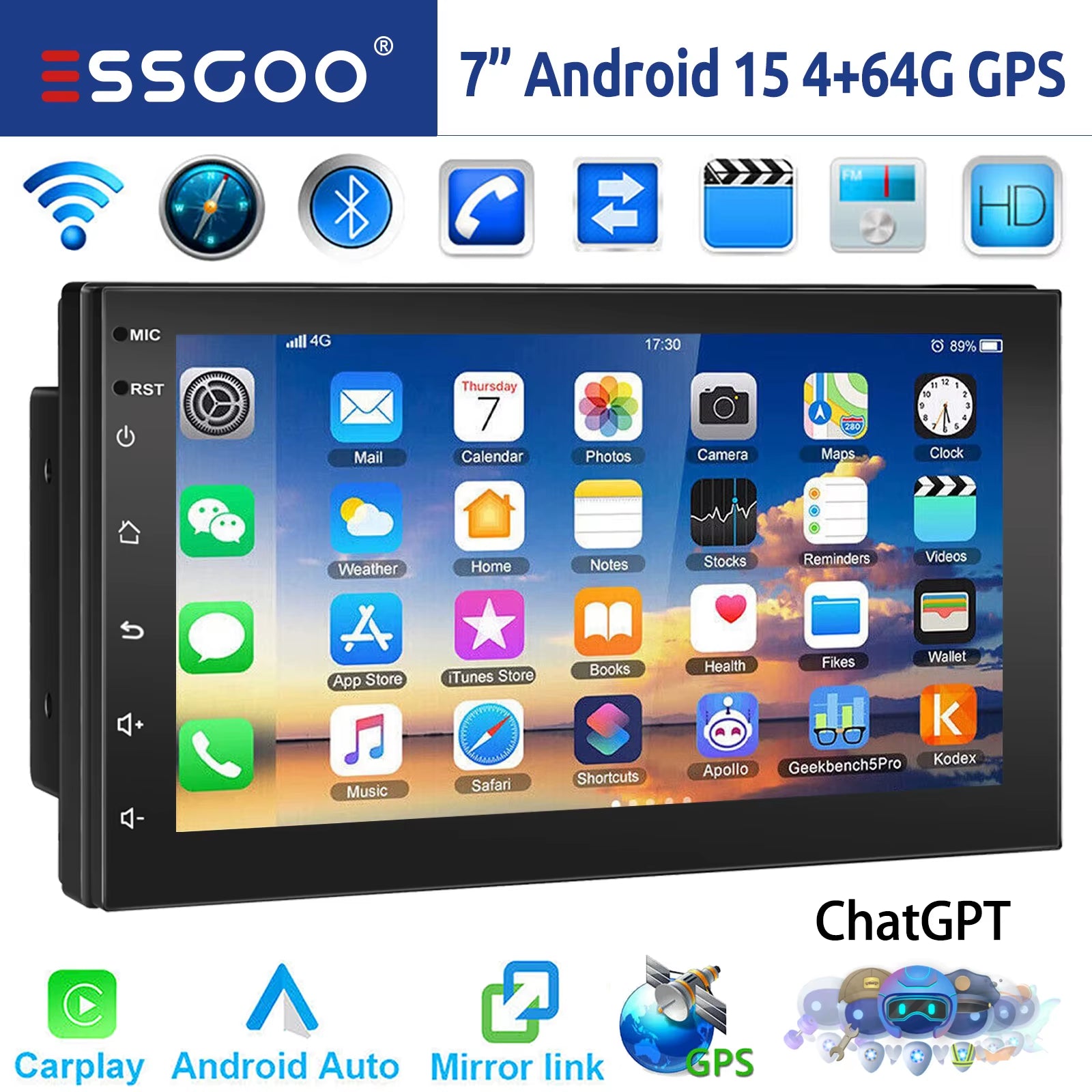 ESSGOO 7"/9"/10“ 2 DIN Android 14 4+64G Car Stereo Carplay Android Auto GPS Navi Bluetooth FM RDS Radio WIFI Touchscreen Chatgpt