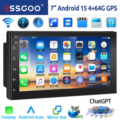 ESSGOO 7"/9"/10“ 2 DIN Android 14 4+64G Car Stereo Carplay Android Auto GPS Navi Bluetooth FM RDS Radio WIFI Touchscreen Chatgpt