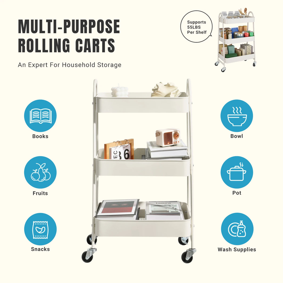 JHK 3-Tier Metal Kitchen Storage Cart with Lockable Wheels - Mobile Shelving Unit for Narrow Spaces and Utility Organization