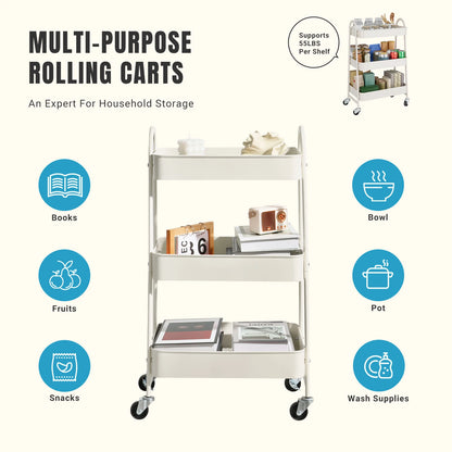 JHK 3-Tier Metal Kitchen Storage Cart with Lockable Wheels - Mobile Shelving Unit for Narrow Spaces and Utility Organization