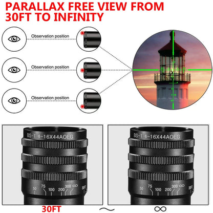 Tactical 4-16X44 AOE Hunting Scope with Red and Green Illuminated Reticle for Airsoft and Firearm Applications