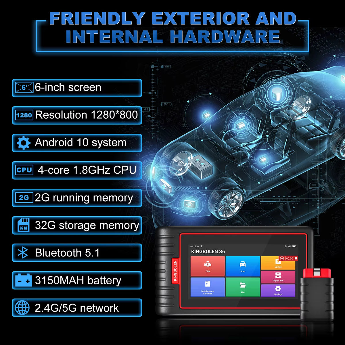 KINGBOLEN S6 CAN FD Comprehensive Automotive Diagnostic Tool with Bluetooth Connectivity and 28 Reset Functions - Lifetime Free Updates