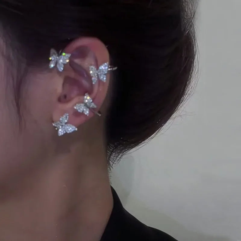 Silver Plated Butterfly Ear Clips with Zircon Accents for Non-Pierced Ears - Elegant Wedding Jewelry for Women