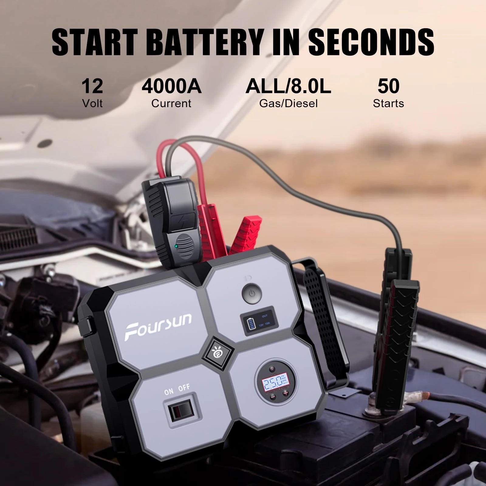 Foursun Car Jump Starter with Air Compressor, Foursun 4000A 26800Mah Jump Starter Battery Pack (All Gas/8.0L Diesel) 150PSI Digital Tire Inflator, 12V Car Lithium Battery Jump Box Pack Power Charger