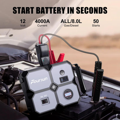 Foursun Car Jump Starter with Air Compressor, Foursun 4000A 26800Mah Jump Starter Battery Pack (All Gas/8.0L Diesel) 150PSI Digital Tire Inflator, 12V Car Lithium Battery Jump Box Pack Power Charger