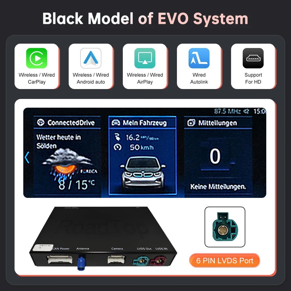 Wireless CarPlay and Android Auto Integration for BMW i3 I01 NBT EVO System (2013-2020) with AirPlay, Rear Camera, and Bluetooth GPS Support