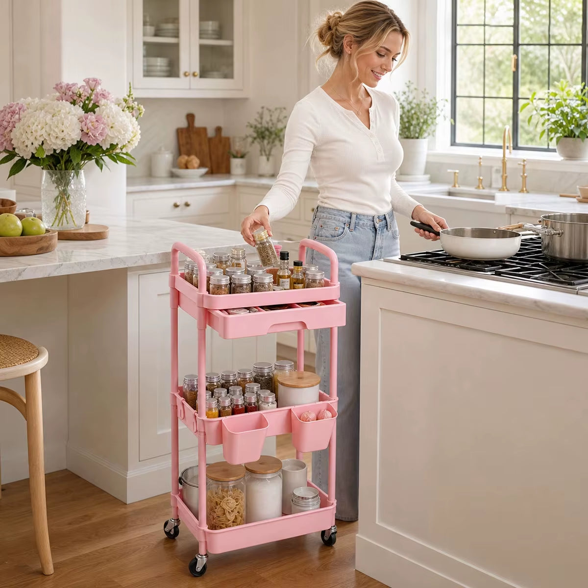 3-Tier Mobile Storage Cart with Pull-Out Drawer, Lockable Wheels, and Hanging Cups - Versatile Organizer for Kitchen, Bathroom, and Living Room