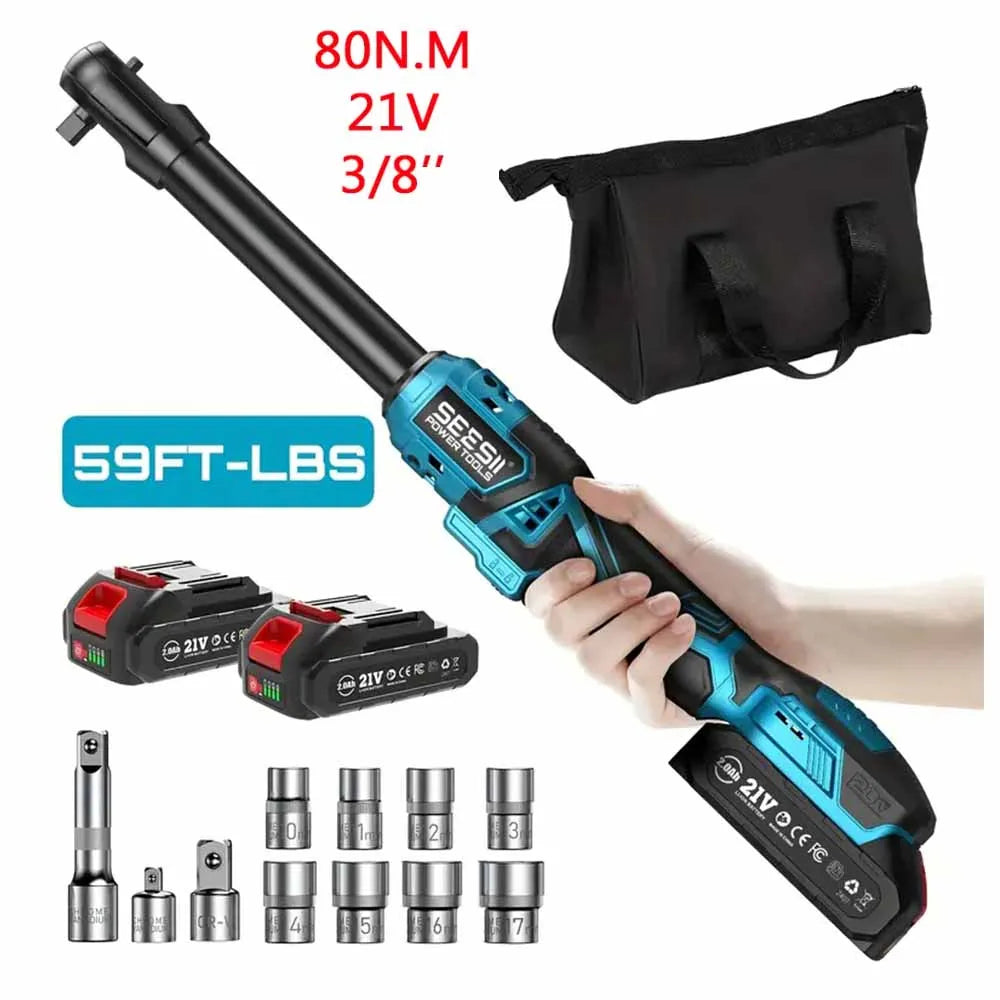 SEESII 3/8" 21V Cordless Electric Ratchet Wrench with 80Nm Torque and 6.3'' Extended Reach - Rechargeable Angle Wrench for Makita 18V Battery Compatibility