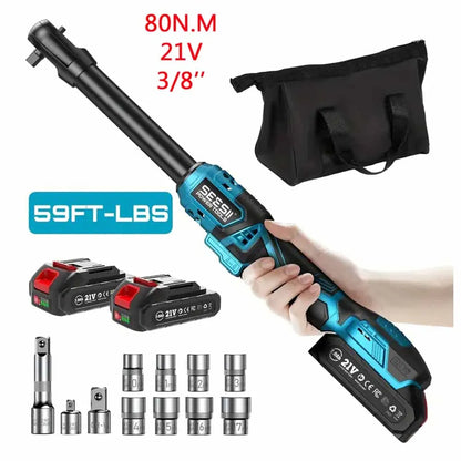 SEESII 3/8" 21V Cordless Electric Ratchet Wrench with 80Nm Torque and 6.3'' Extended Reach - Rechargeable Angle Wrench for Makita 18V Battery Compatibility