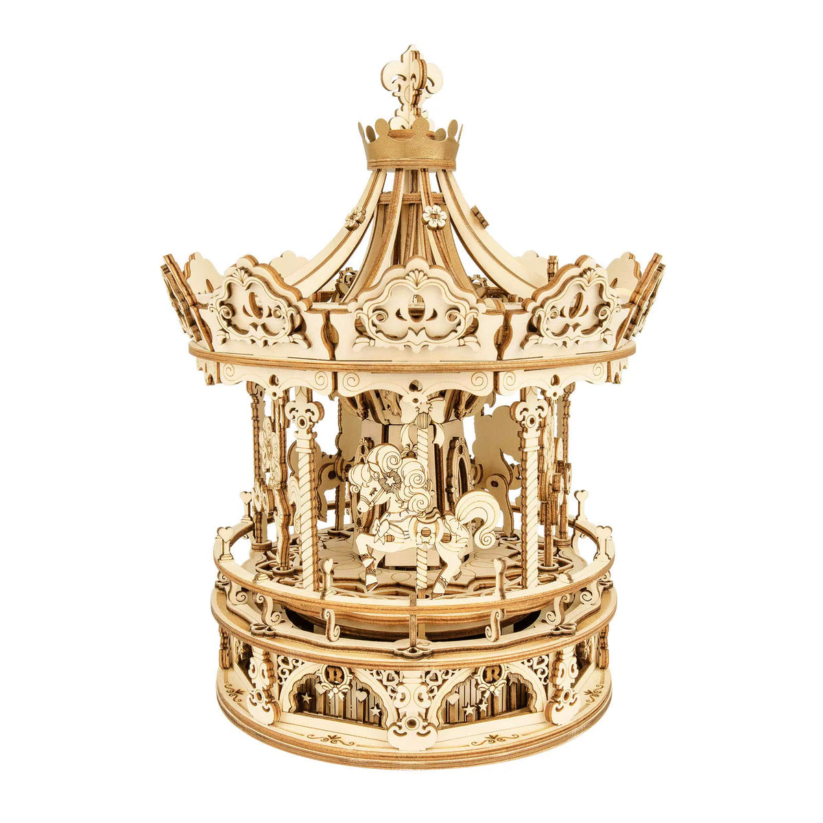 Robotime 3D Wooden Puzzle - 336-Piece Rotatable DIY Romantic Carousel Music Box Assembly Toy for Children and Adults (AMK62)