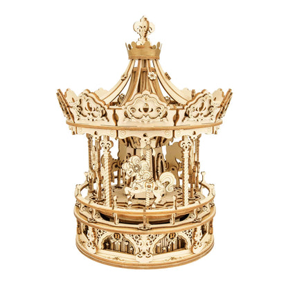 Robotime 3D Wooden Puzzle - 336-Piece Rotatable DIY Romantic Carousel Music Box Assembly Toy for Children and Adults (AMK62)