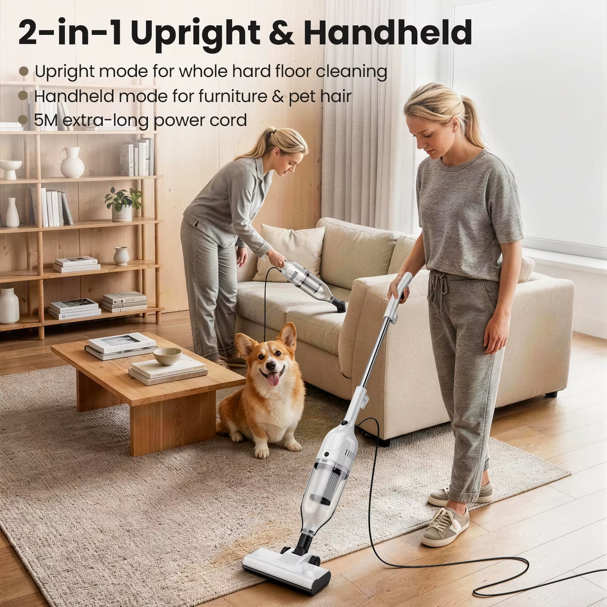 Vastorm R7 Corded Vacuum Cleaner - 600W, 20Kpa Powerful Suction, 3-in-1 Lightweight Handheld Stick Vacuum with 5M Cable, Bagless Design for Hardwood Floors, Carpets, and Pet Hair Removal