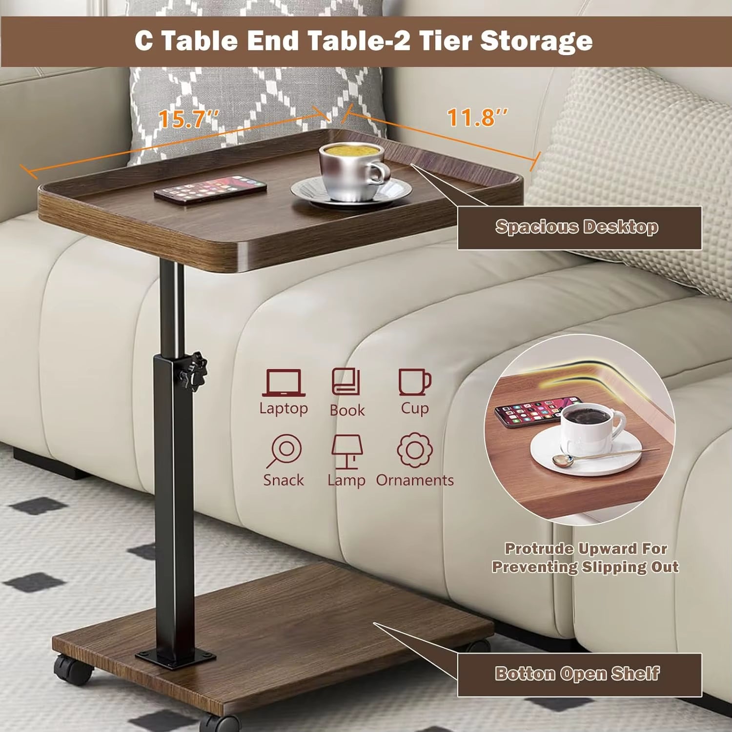 C Shaped Living Room Side Table Sofa Side Cabinet Mobile Coffee Table Simple Small Square Table Bedroom Bedside Table with Wheel