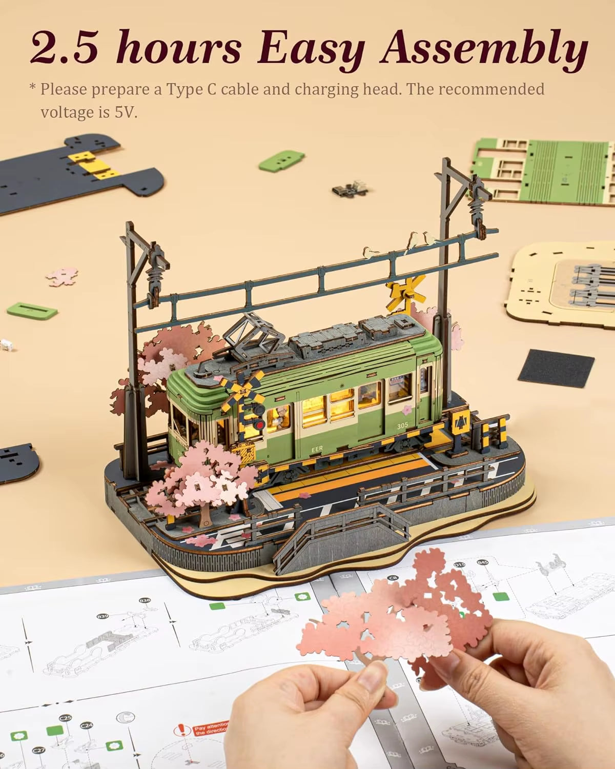 Robotime 3D Wooden Puzzle Kit - Sakura Journey Tram Model with LED Light for Kids and Hobbyists, Ideal Brain Teaser Gift
