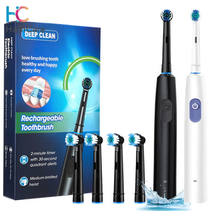 Smart Rotating Electric Toothbrush with Rechargeable Functionality, 4 Replacement Heads, and 5 Whitening Modes