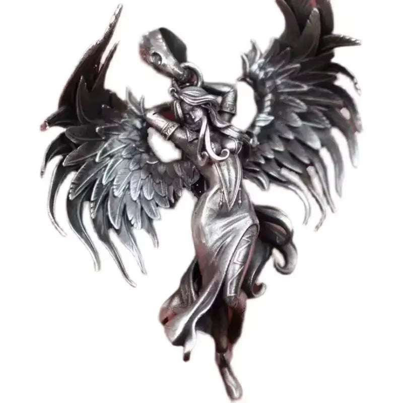 Vintage Silver Angel Wings Pendant Necklace for Men and Women - Statement Punk Street Style Stainless Steel Chain Jewelry