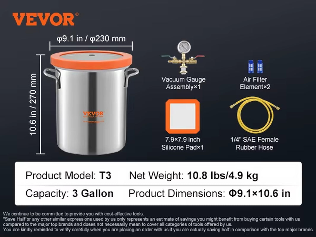 3 Gal Upgraded Tempered Glass Lid Vacuum Degassing Chamber 304 Stainless Steel for Stabilizing Wood, Resin Degassing