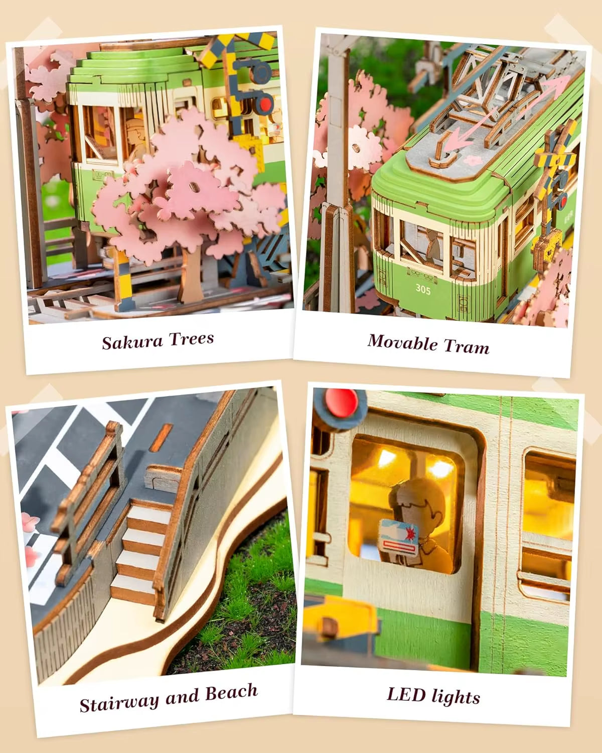 Robotime 3D Wooden Puzzle Kit - Sakura Journey Tram Model with LED Light for Kids and Hobbyists, Ideal Brain Teaser Gift