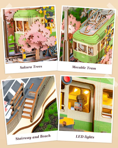 Robotime 3D Wooden Puzzle Kit - Sakura Journey Tram Model with LED Light for Kids and Hobbyists, Ideal Brain Teaser Gift