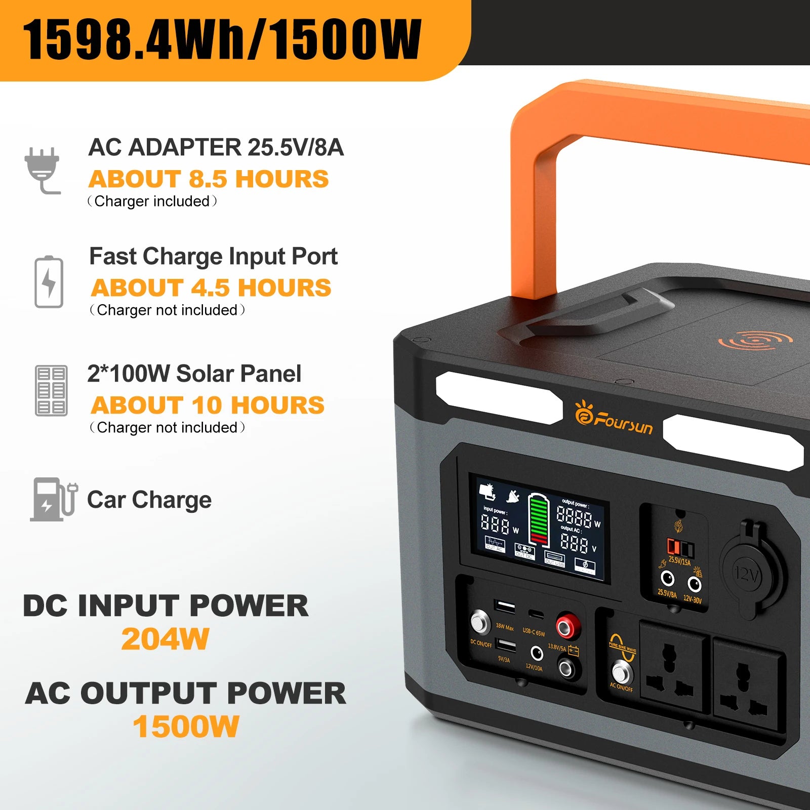 1500W (3000W Peak) Portable Power Station 1598.4Wh with 2 AC Outlets Wireless Charge 65W PD Solar Generator for Home Backup Emergency Outdoor Camping