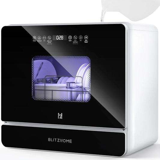 Blitzhome® BH-6-CDW Portable Countertop Dishwasher with 5.2L Built-In Water Tank 9 Programs PTC Hot Air Drying 3D 360° 3 Sprayers Water-Saving