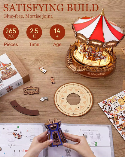 Robotime 3D Wooden Puzzle Carousel Music Box with LED Lights - Gear Model Building Kit for Adults, Ideal Christmas Gift