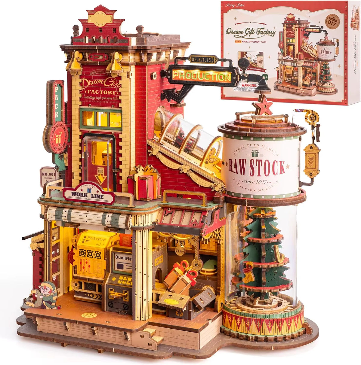 ROKR Dream Gift Factory 3D Wooden Puzzle DIY Mini Dollhouse Model Kit with Music and LED Lighting - 449 Piece Assembly Set for Adults and Teens