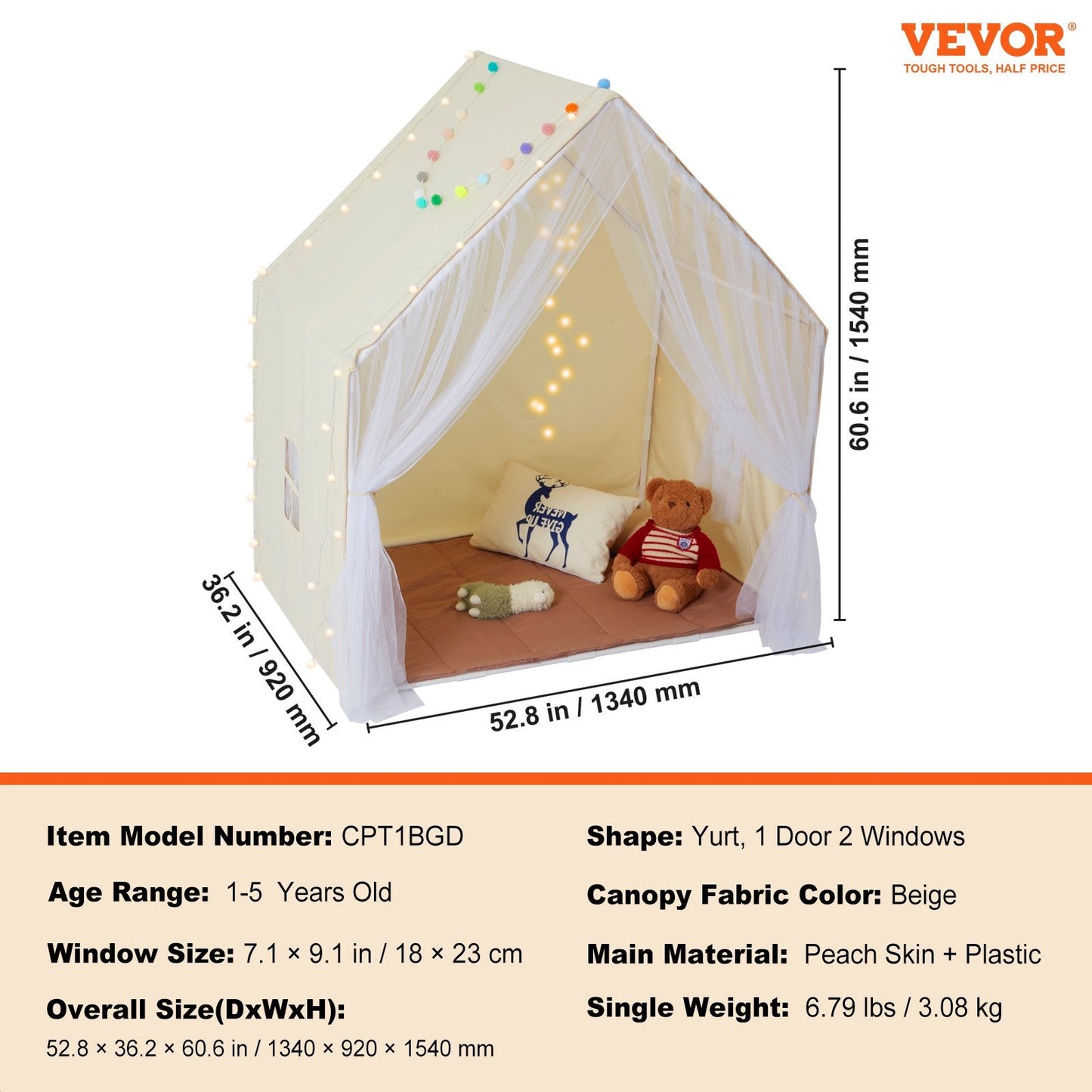  Kids Play Tent, Kids Tent for Kids 1-5 Years Old, Toddler Tent with Mat and Tent Lamp, Beige