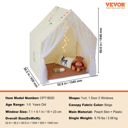  Kids Play Tent, Kids Tent for Kids 1-5 Years Old, Toddler Tent with Mat and Tent Lamp, Beige