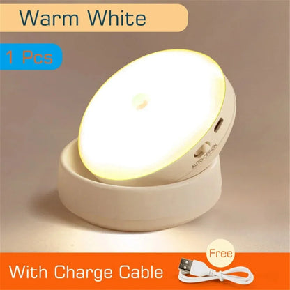 USB Rechargeable Motion Sensor LED Night Light - Energy-Efficient Round Lamp for Bedroom, Corridor, and Bathroom Wall Illumination