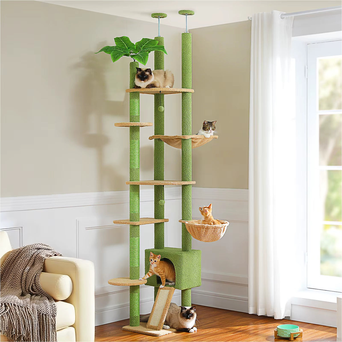 Height Adjustable Wooden Cat Tower with Spacious Hammock and Sisal Scratching Posts - Floor to Ceiling Indoor Cat Condo