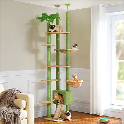 Height Adjustable Wooden Cat Tower with Spacious Hammock and Sisal Scratching Posts - Floor to Ceiling Indoor Cat Condo