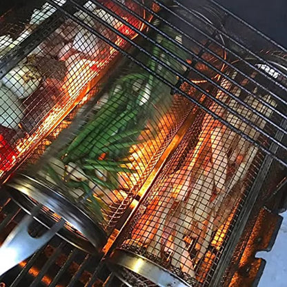 Rolling Bbq Basket- Greatest Grilling Basket Ever, round Stainless Steel Grill Mesh, Camping Barbecue Rack for Vegetables,Fish