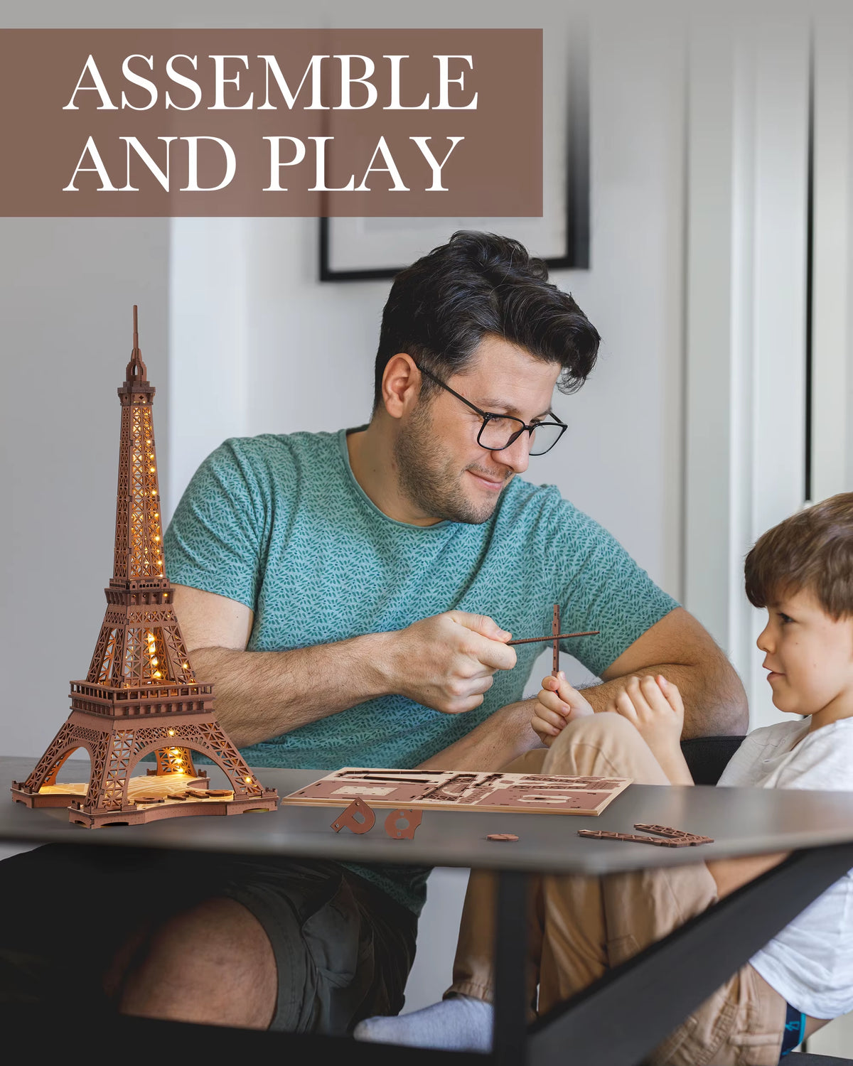 Robotime 3D Wooden Puzzle - Eiffel Tower Model (1:638) for Adults and Children - DIY Craft Kit with Lighting Feature