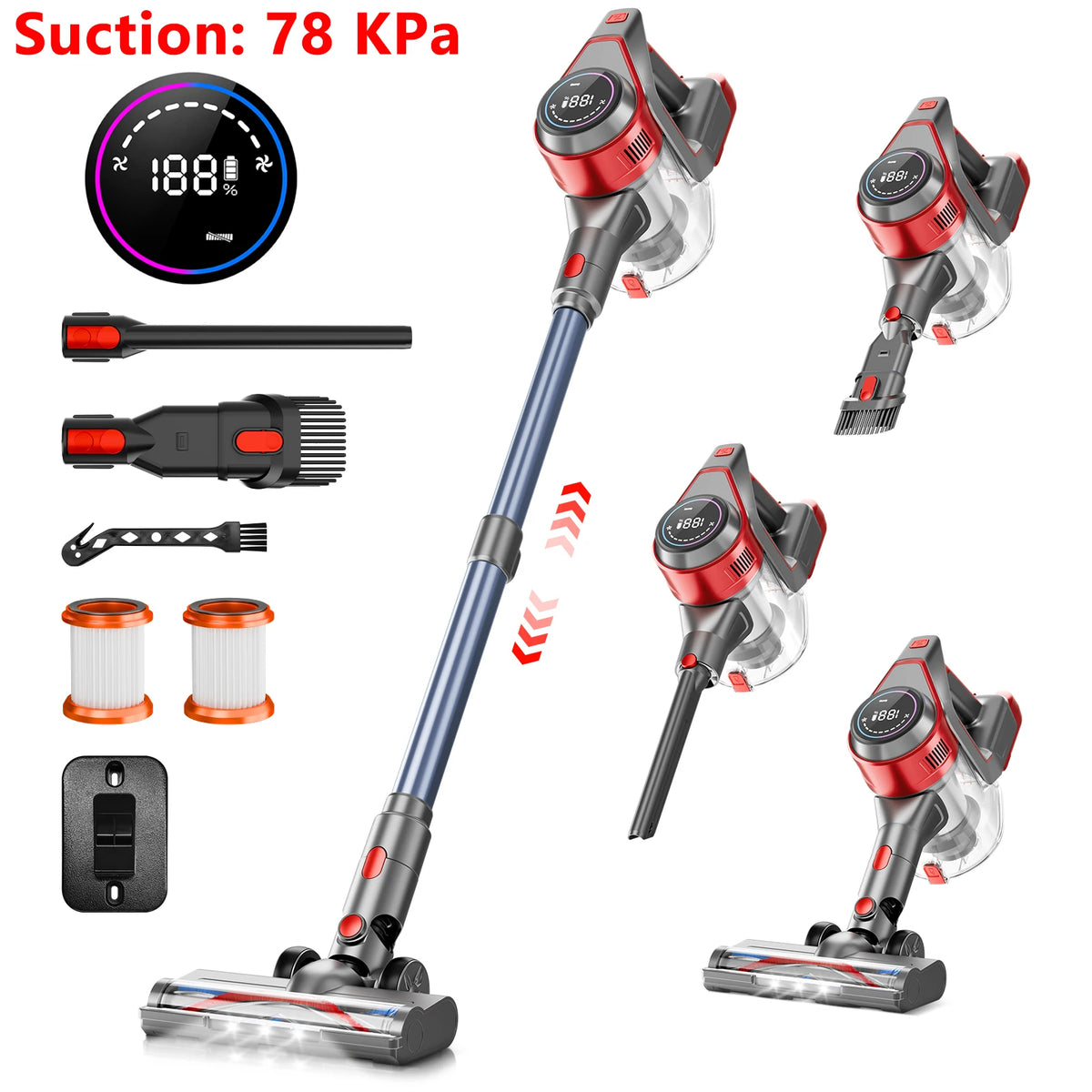 Honki 78KPA Cordless Vacuum Cleaner - High-Power Handheld Device with LED, Strong Suction for Wet and Dry Cleaning, Ideal for Pet Hair and Carpets