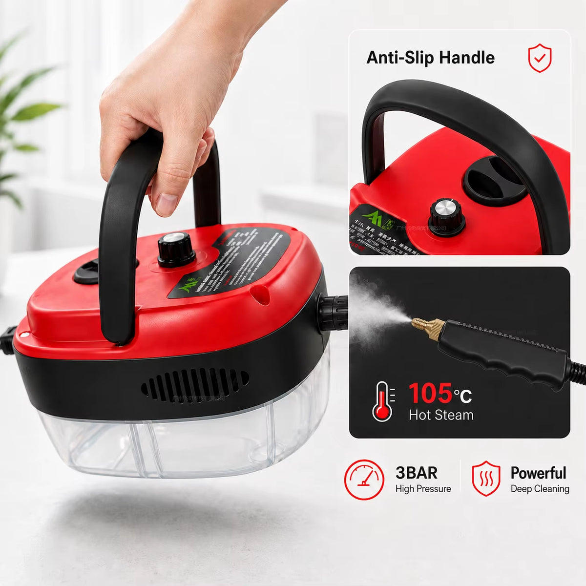 High-Pressure Portable Steam Cleaner with Brush Heads - Handheld Sanitizer with 6-Speed Settings, Extended Hose, and Large Capacity for Effective Grease and Dust Mite Removal in Air Conditioners, Range Hoods, Floors, Bathrooms, and Cookware.