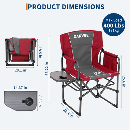 Oversized Heavy-Duty Folding Directors Chair for Adults - Available in 1 or 2 Pack, 400 lbs Capacity, Portable Camping Chair with Side Table, Cup Holder, and Side Pocket for Camping, Beach, Garden, and RV Use