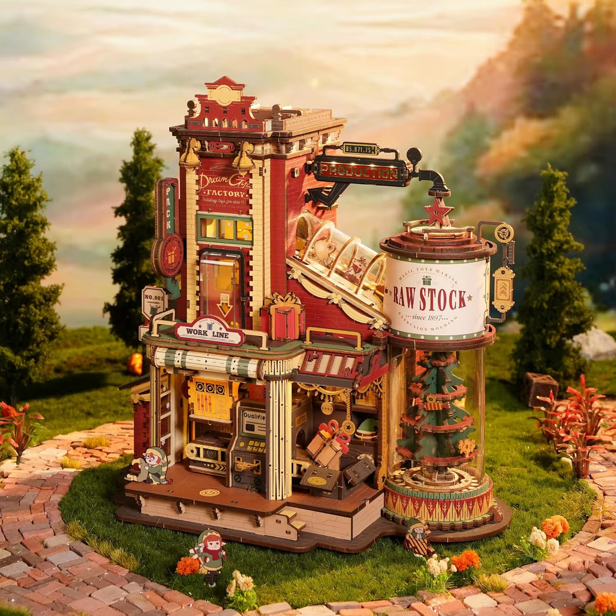 ROKR Dream Gift Factory 3D Wooden Puzzle DIY Mini Dollhouse Model Kit with Music and LED Lighting - 449 Piece Assembly Set for Adults and Teens