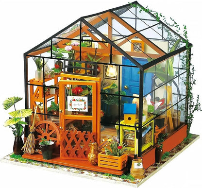 Robotime Mini Green House Cathy'S Flower House DIY Dollhouse Wooden Miniature Furniture Kit with LED Best Birthday Gifts