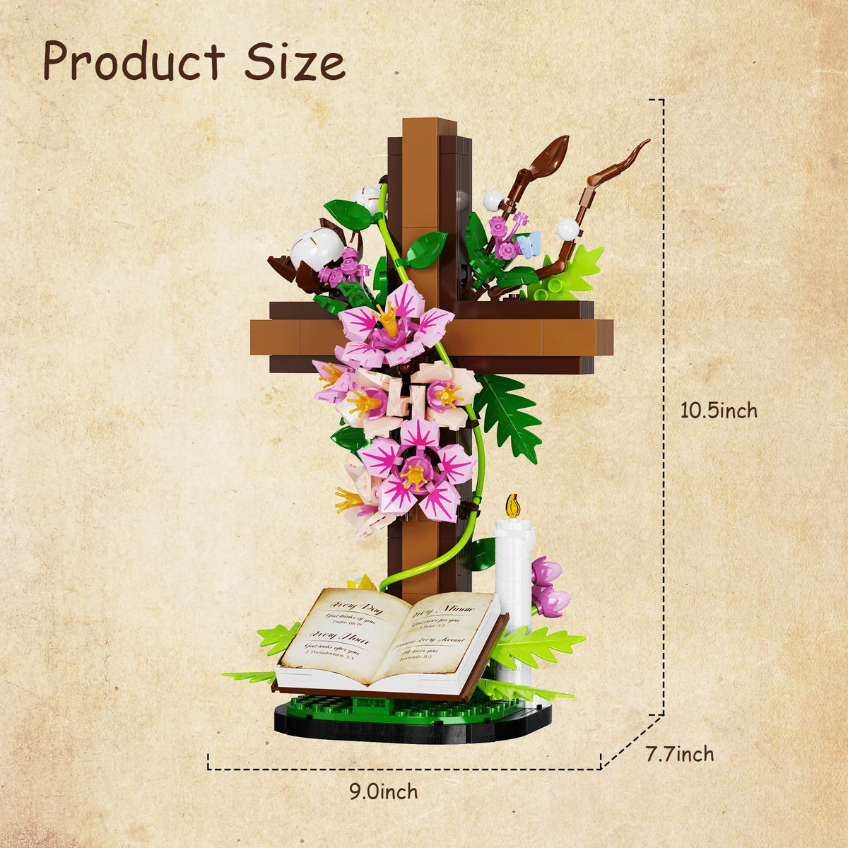 Jesus Cross Floral Building Blocks Set - Easter Bible-Themed Decorative Item for Adults (568 PCS) - Catholic Religious Gift