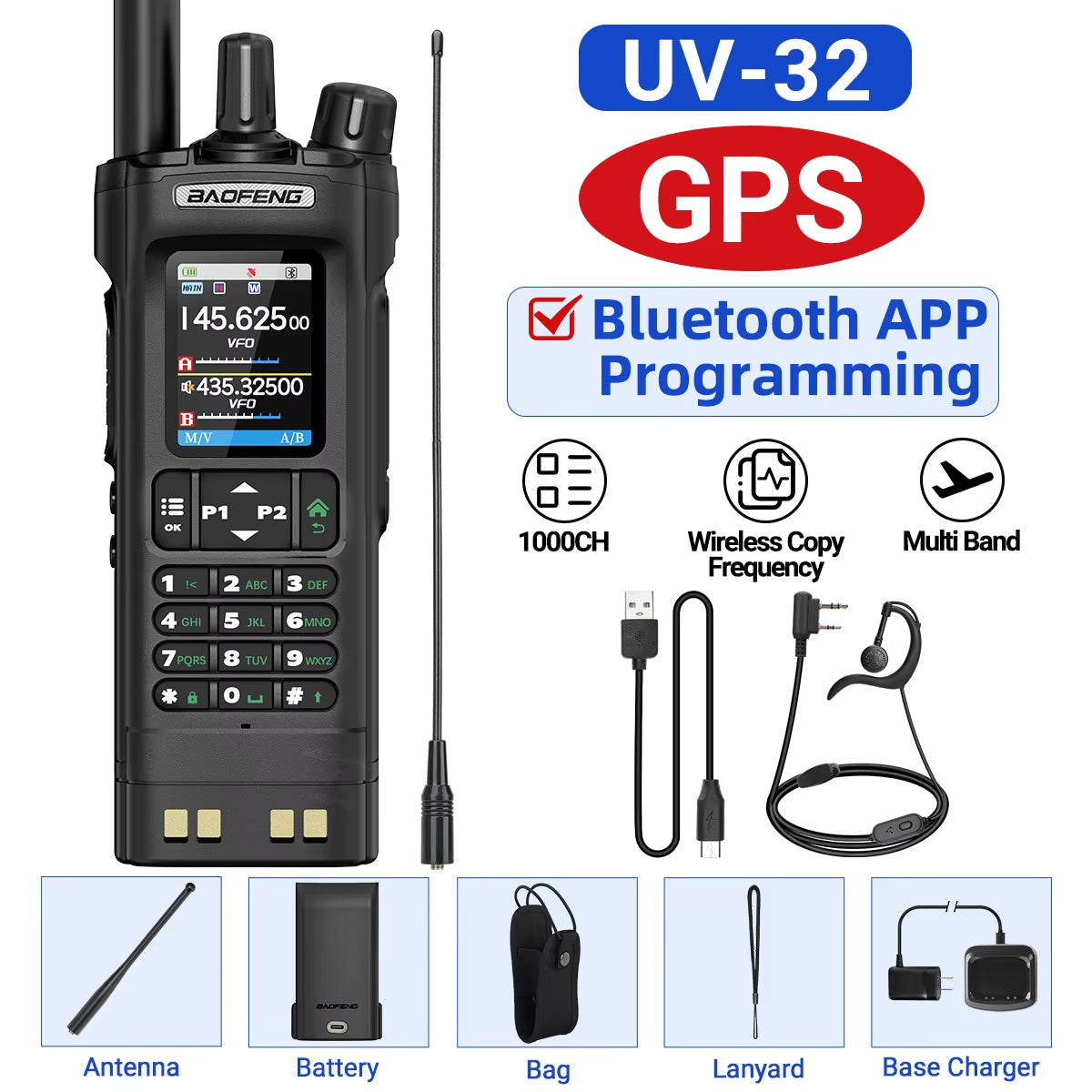 Baofeng UV-32 GPS Walkie Talkie 10W Long Range Multi Band Bluetooth APP Programming Wireless Copy Frequency Type-C Two Way Radio