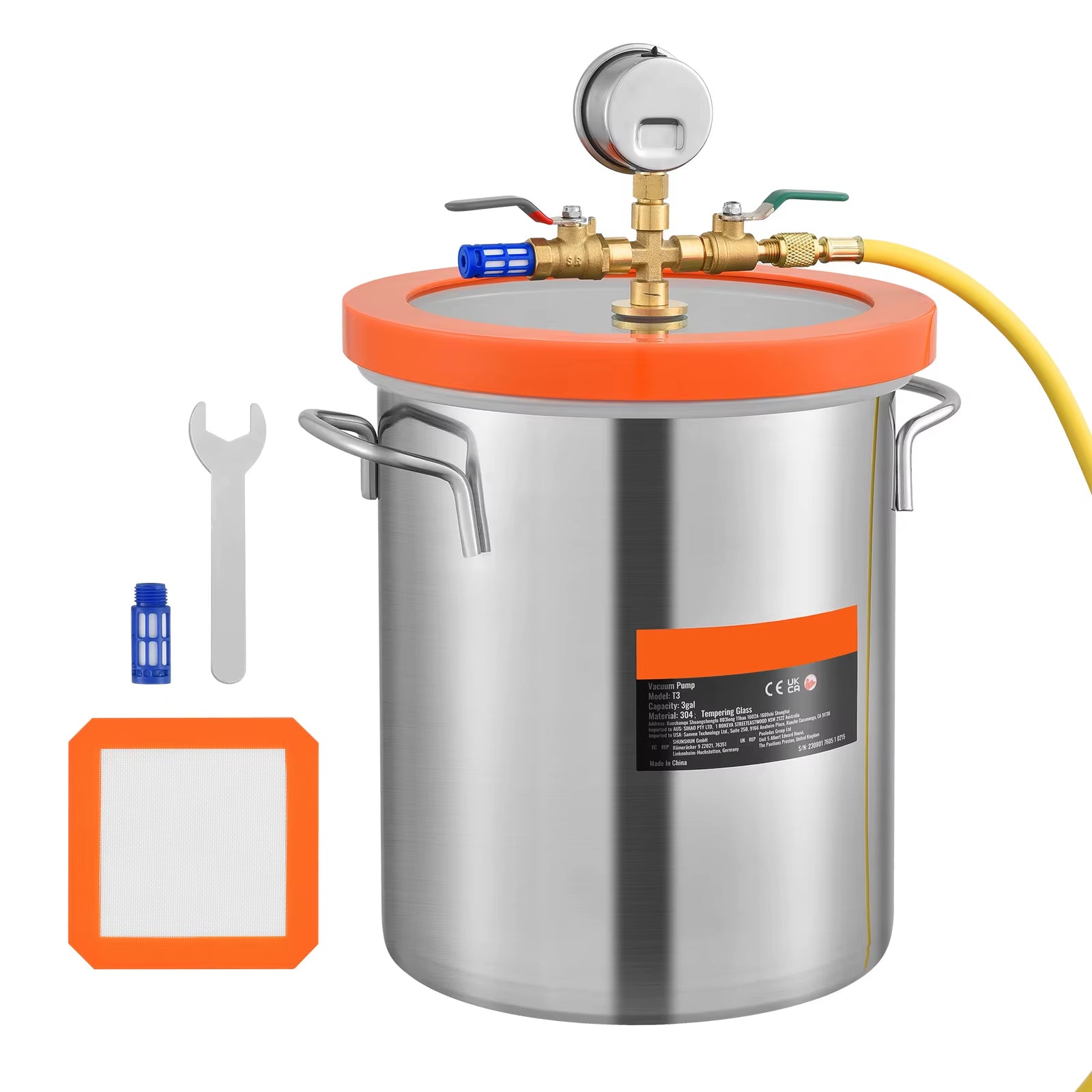 3 Gal Upgraded Tempered Glass Lid Vacuum Degassing Chamber 304 Stainless Steel for Stabilizing Wood, Resin Degassing