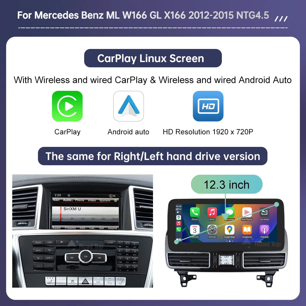 Linux Touchscreen Car Radio for Mercedes-Benz ML W166, ML350, GL X166 (2012-2015) with GPS, CarPlay, Android Auto, and AirPlay Mirroring