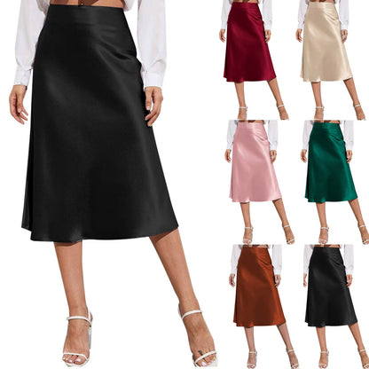 Aesthetic Satin A-Line Skirt Women'S Bright Face High Waist Solid Color Side Split Skirt with Zipper Knee Length Office Wear