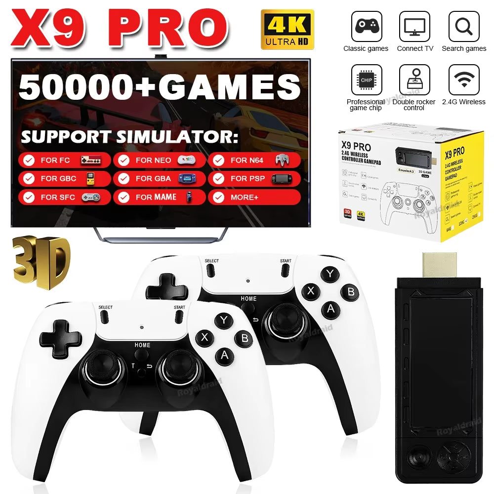 128G 256G X9 PRO Gamestick 4KHD TV Video Game Consol 3D Games for PSP/PS1/N64/NDS 40+Simulators Retro Games Dual 2.4G Controller