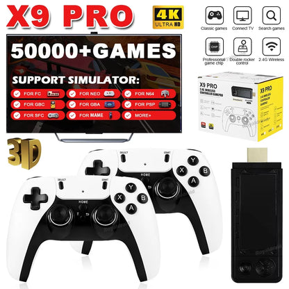128G 256G X9 PRO Gamestick 4KHD TV Video Game Consol 3D Games for PSP/PS1/N64/NDS 40+Simulators Retro Games Dual 2.4G Controller