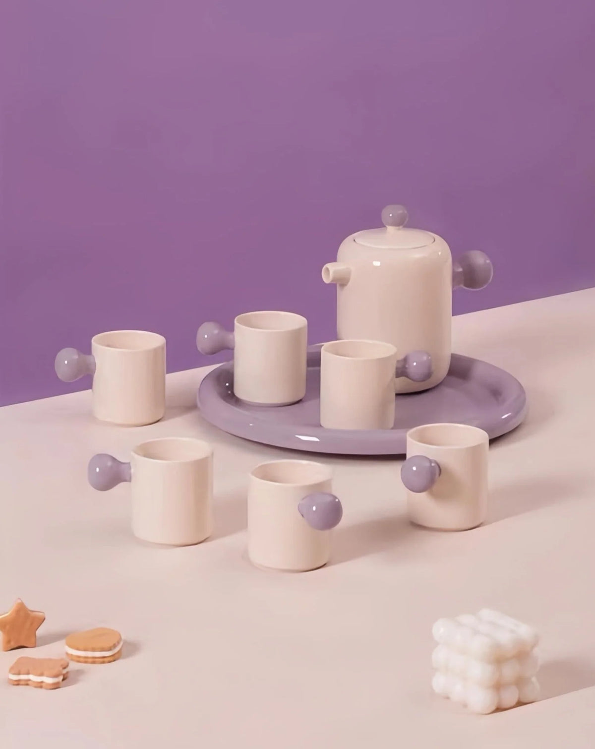Cute Whimsical Dopamine Bauhaus Tea Pot & Tea Cups Set of 8 Pcs - Handmade Ceramic Teaset Gift Box