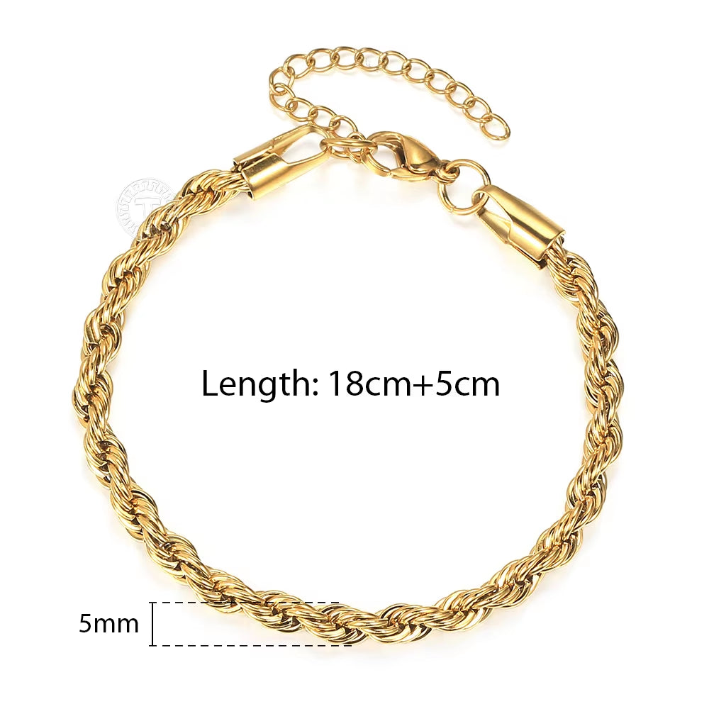 2/3/4/5Mm Stainless Steel Twisted Rope Chain Bracelets for Women Men Fashion Punk Bangle Length Adjustable 18Cm+5Cm