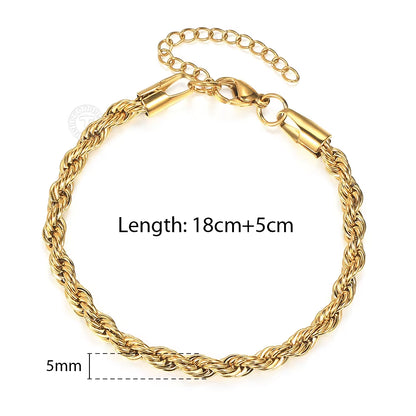 2/3/4/5Mm Stainless Steel Twisted Rope Chain Bracelets for Women Men Fashion Punk Bangle Length Adjustable 18Cm+5Cm