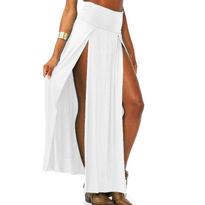 Sexy High Split Long Skirts for Women Summer Casual Two Side Slit Beach Skirt Solid Color High Waist A-Line Skirts Faldas